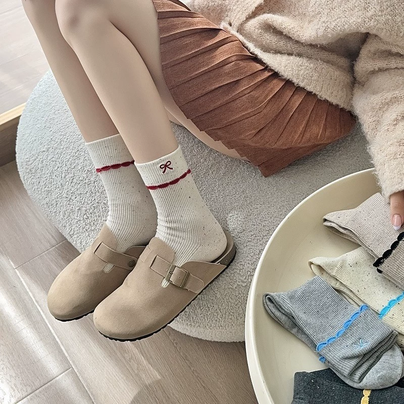 Осенние и зимние новые носки женские идеи пряжа с вышивкой на краю