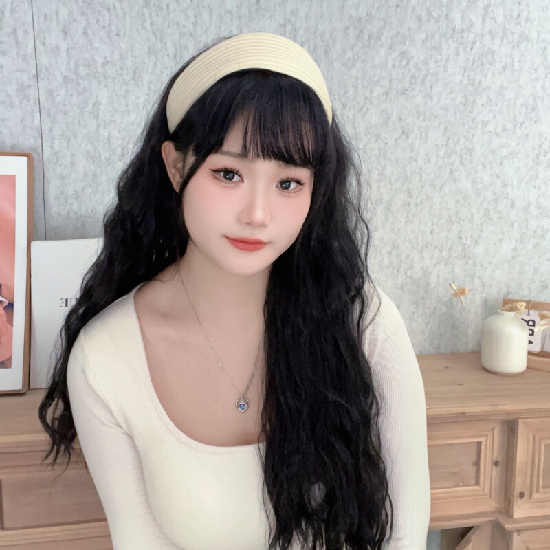 Knitted hairband wig one-piece net red with natural half head wool curly hair strength factory wholesale