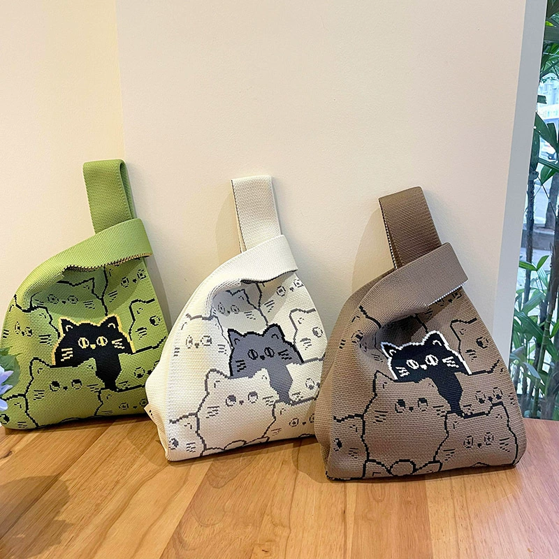Knitted One-Shoulder Small Shoulder Bag, Cute Cat Pattern, Korean Style, Lightweight