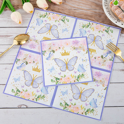 Butterfly birthday party theme decorative tissue paper cross-border printed napkin party celebration square tissue paper manufacturer wholesale