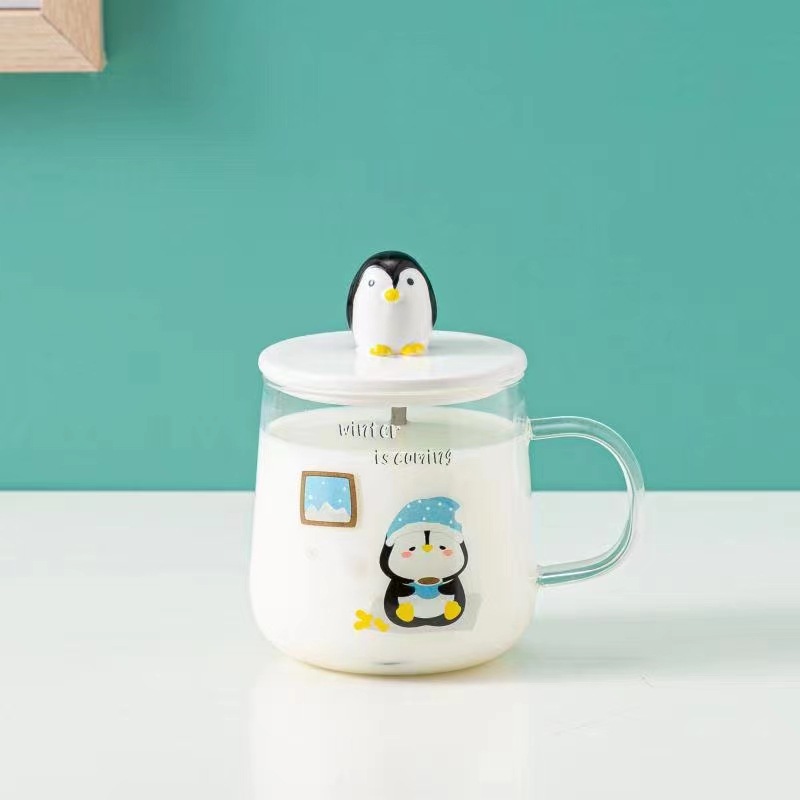 Dibujos Animados lindo 3D pingüino taza de cristal con tapa cuchara limón Corea Oficina beber