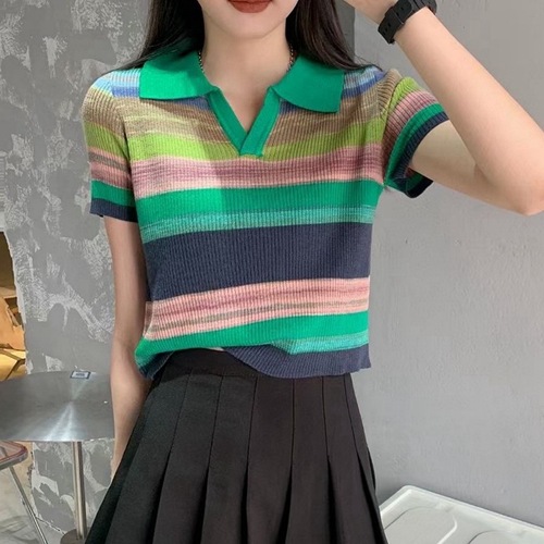New  Summer Rainbow Striped Contrast Collar Knit Short Sleeve Top