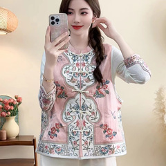 民族風重工刺繍馬甲女2025新中国式綿麻復古盤ボタン立襟ベスト上着