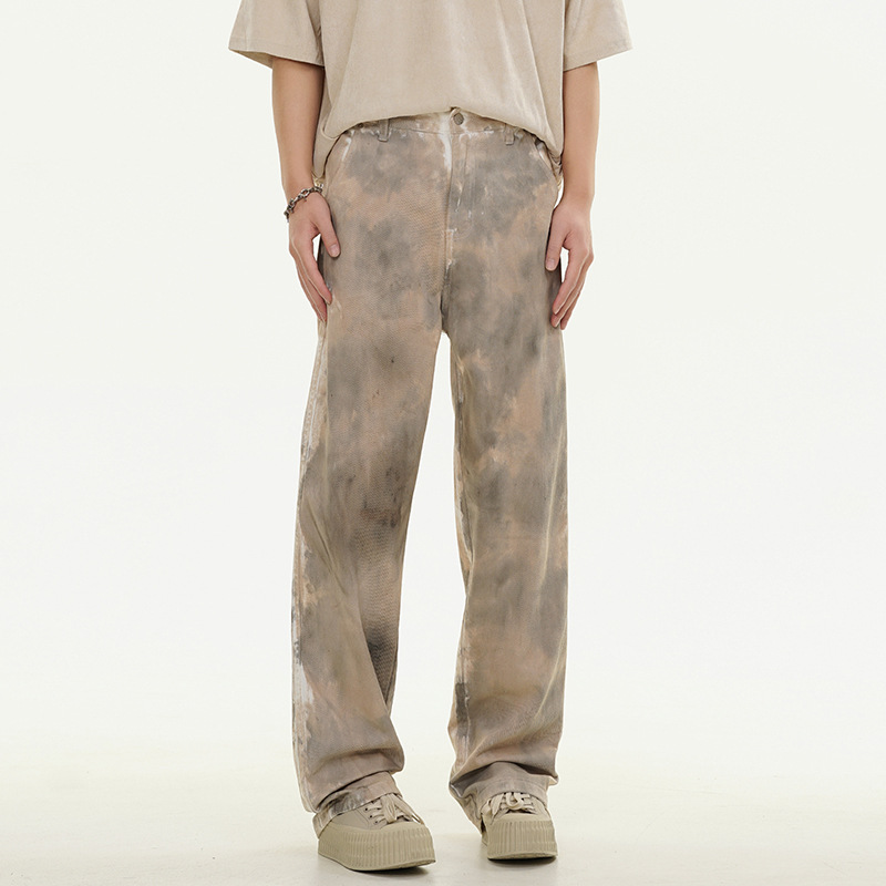 Men's Washed Tie-dye Distressed Straight Leg Jeans For Casual Wear_voghion.com