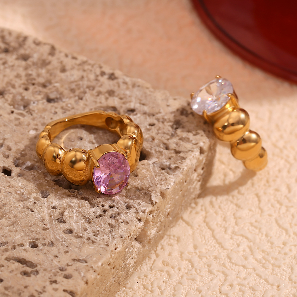 Oval Diamond Inlaid Stainless Steel Ring