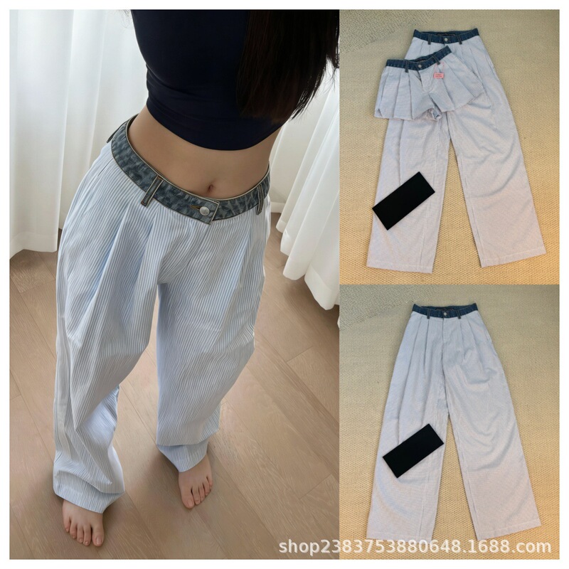 Shenzhen Nanyou High-End Blue Striped Long and Short Pants for Women, Vertical Striped Denim Patchwork Loose Wide-Leg Pants Shenzhen Nanyou High-End Blue Striped Long and Short Pants for Women, Vertical Striped Denim Patchwork Loose Wide-Leg Pants