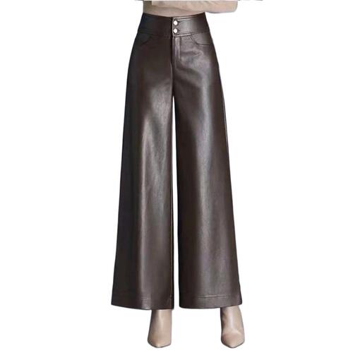 Autumn/Winter New Fashion High-Waisted PU Leather Wide Leg Pants for Women, Flowy Loose Stylish Versatile Casual Long Pants