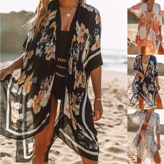 Amazon 2022 Europe and the United States summer new long slit chiffon printed beach sunscreen blouse holiday style