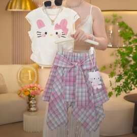 女童KT猫套装夏季2026新款中大童洋气短袖女孩不规则半身裙两件套
