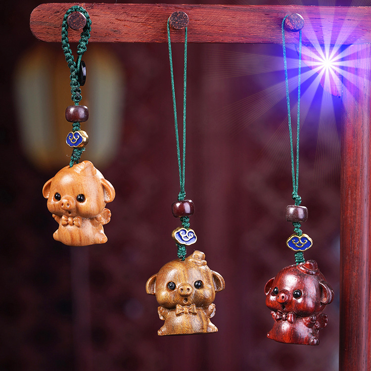 绿檀芭比檀木雕天使小猪手机生肖呆萌猪包包挂件diy手工配饰