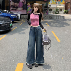 复古美式阔腿牛仔裤女2025夏秋高腰宽松显瘦流苏毛边复古直筒裤