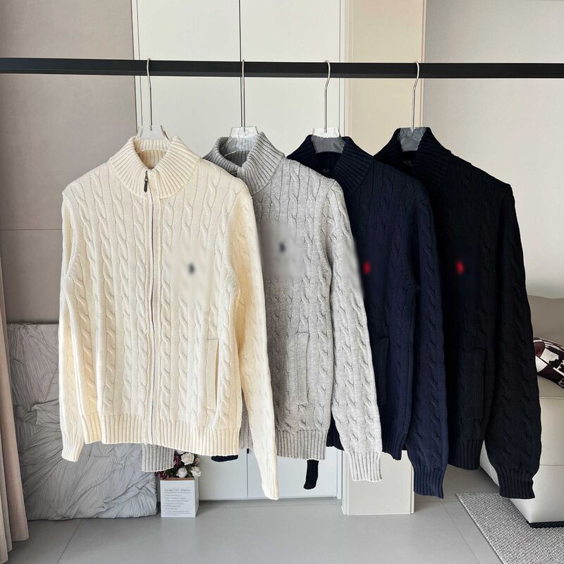 Old Money style RL small horse logo cable knit sweater with stand-up collar, full-zip embroidered sweater cardigan, unisex