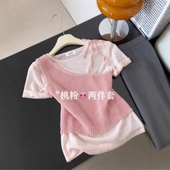 オリジナルデザイン！韓国オリジナルの新しい夏のニット半袖サスペンダーツーピースレイヤードトップ女性用