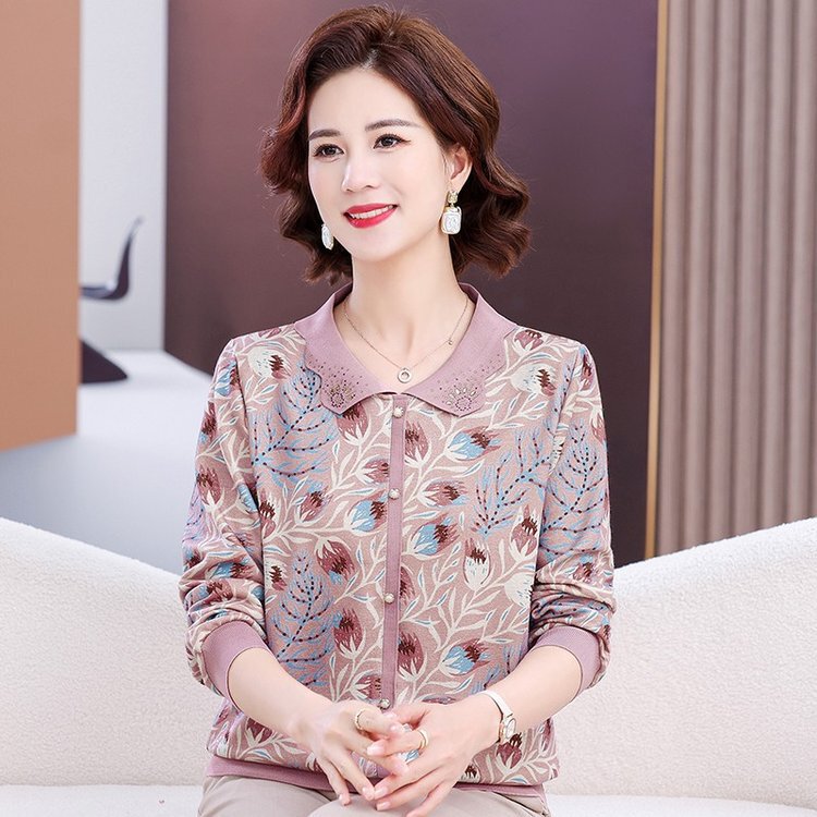 Mom's Spring and Autumn Western Style Long-sleeved T-shirt Top Middle-aged Women's New Middle-aged and Elderly Autumn Wear Thin Lapel Base Shirt