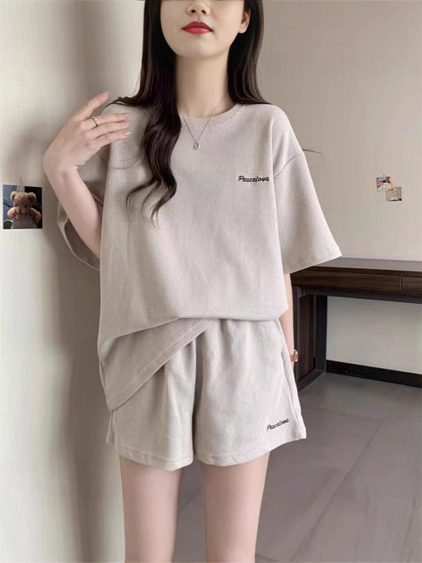 夏季休闲运动短袖宽松阔腿短裤显瘦时尚华夫格两件套韩版绣花洋气|undefined