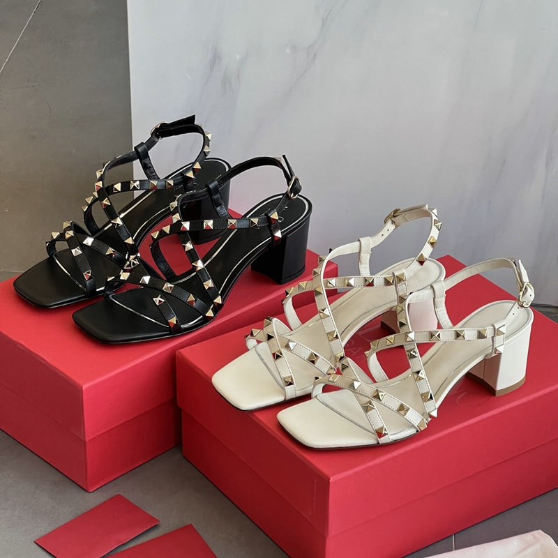 High-End Quality! European and American Style High-End Genuine Leather Chunky Heel Sandals, Queen-Style Studded Cross-Strap Party High Heels
