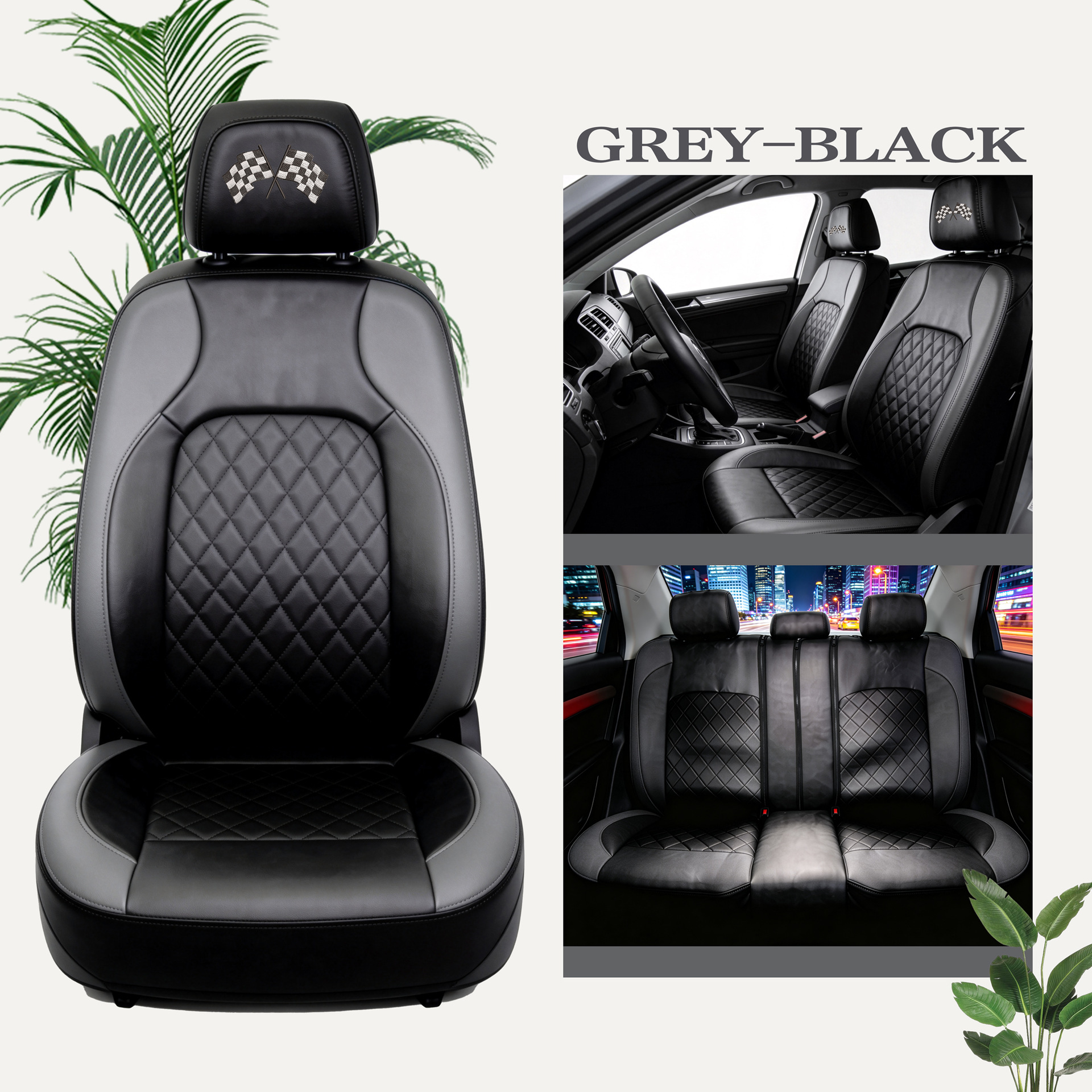 Universal seat covers from the manufacturer, leather style, suitable for all seasons, with a triangular grid pattern, sandwich construction, full coverage car seat cushion