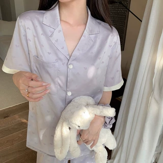 跨境冰丝睡衣女爱心提花开衫翻领家居服少女可外穿休闲两件套批发