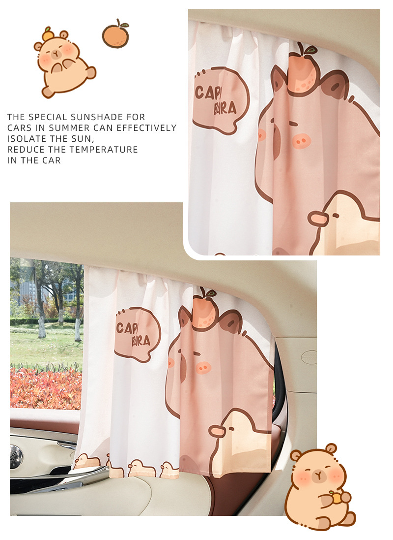 Capybara Car Track Curtains for All Seasons, Sun Protection Car Sunshades, Side Curtains, Capibara Car Sunshades