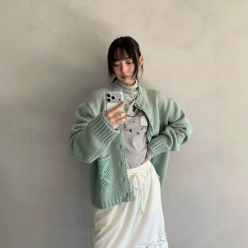 In stock 2026 Korean Dongdaemun new style lace trim pocket light green sweater knitted cardigan jacket for women