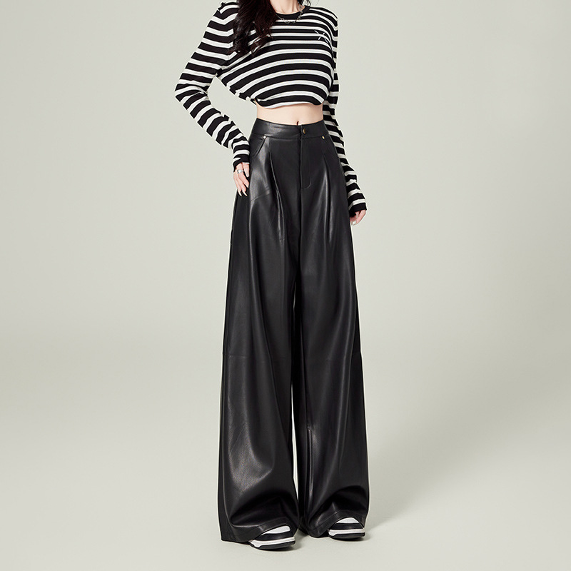 검은 가죽 바지 여성의 가을 2024 새로운 높은 허리 느슨한 스트레이트 슬리밍 PU 가죽 넓은 다리 바지