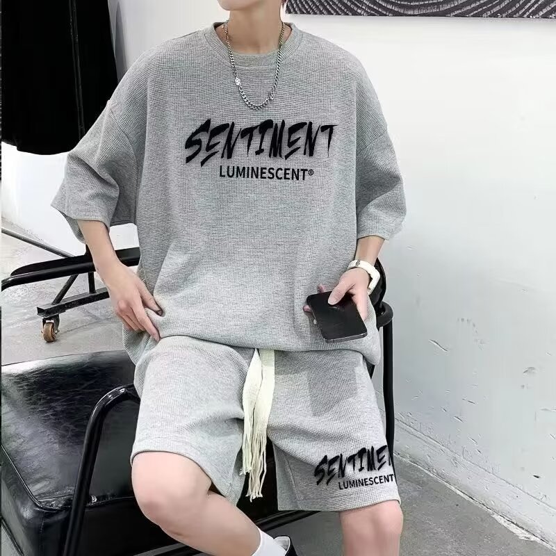 Summer waffle suit men's fashion brand boys handsome suit with summer casual sports short sleeve two-piece suit