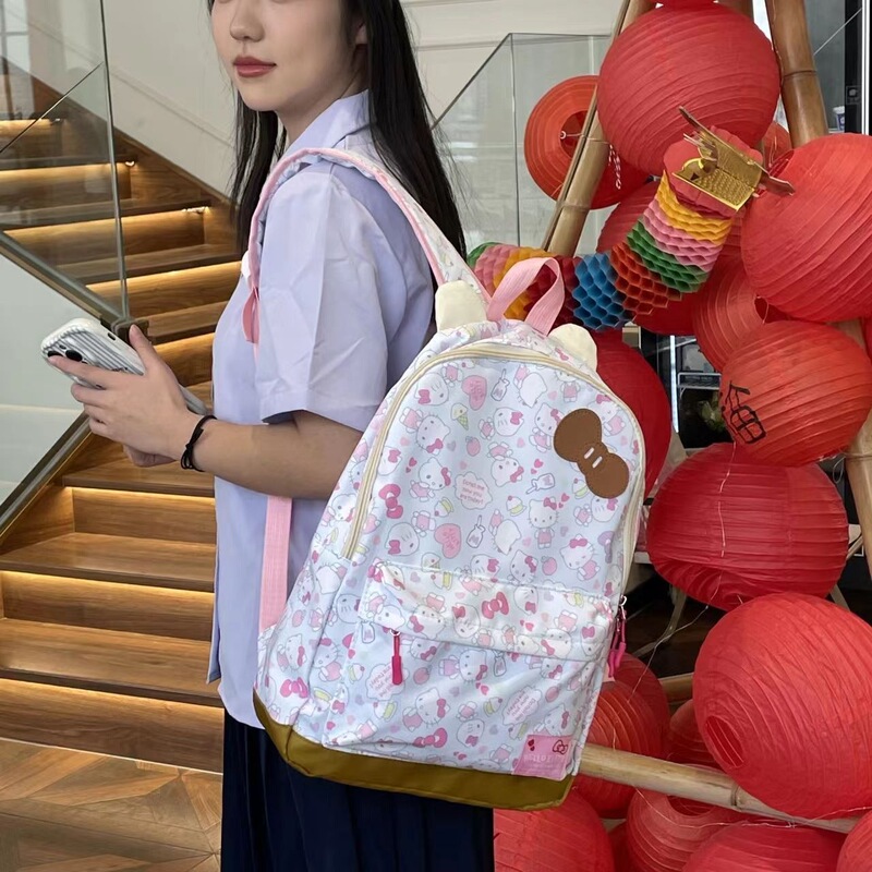 Hello Kitty Co-Branded Backpack with Cute Prints All Over, a Must-Have for Sweet Girls and Students, Blue B19