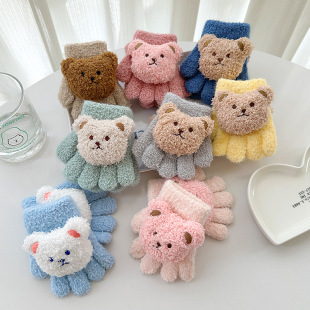 Children's Gloves Autumn and Winter Cute Cartoon Bear Plush Warm Thickened Baby Five-finger Cold-proof Gloves
