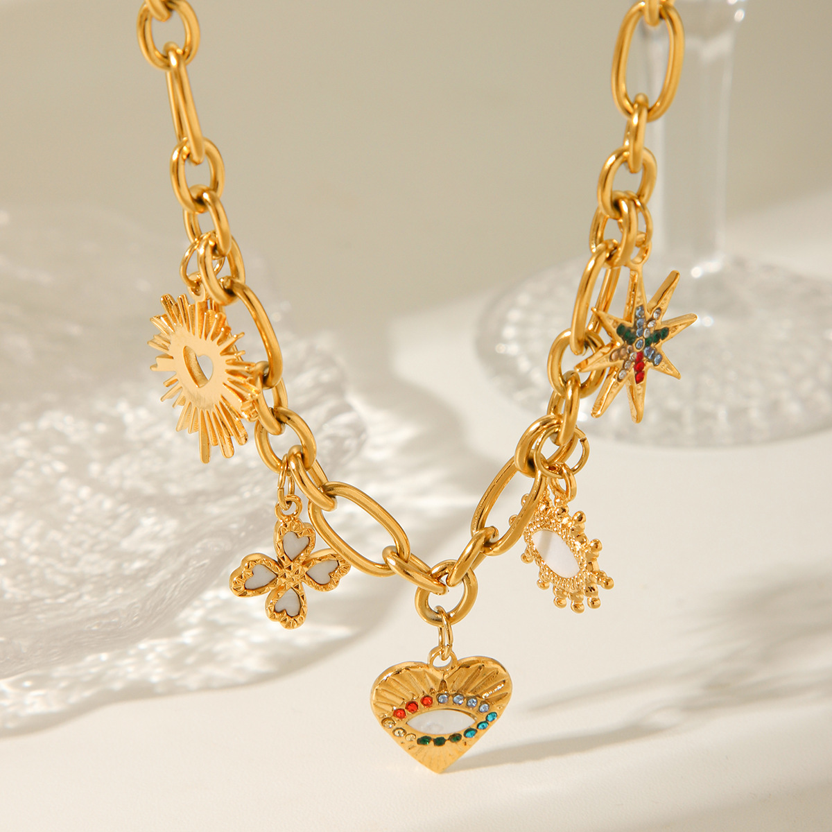 Star, Heart Shape Pattern PVD Coated Real Gold Plated Star Heart Shape 304 Stainless Steel Casual Elegant Lady Waterproof Non Tarnish 304 Stainless Steel Multi Charms Necklace