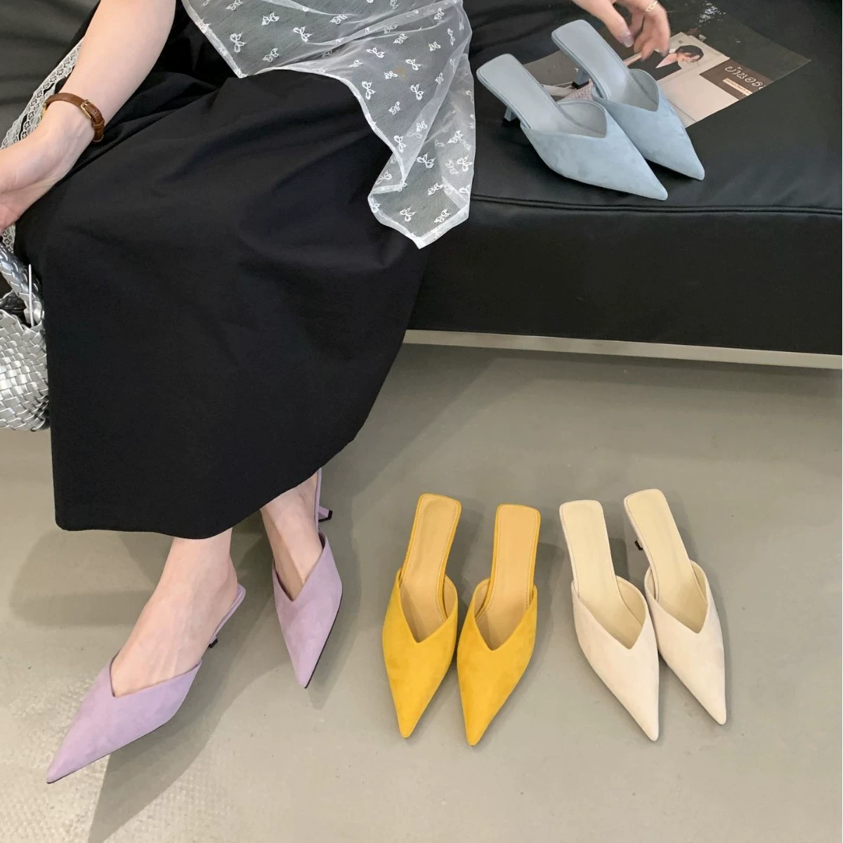 Нежные элегантные замшевые босоножки-стилето для женщин, лето 2025, новинка, заостренный носок, вечерний стиль, с юбкой, высокие каблуки