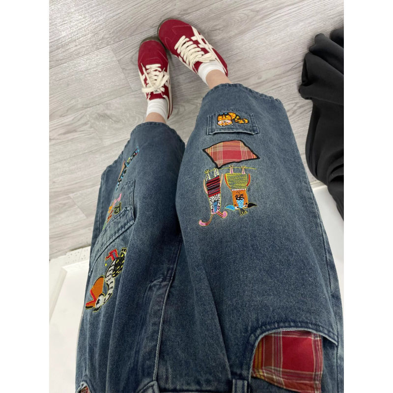 网红爆款新款美式趣味刺绣阔腿牛仔七分裤女夏季宽松直筒短裤|undefined