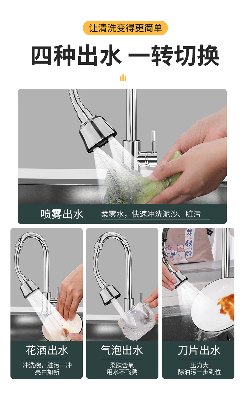 Kitchen faucet splash-proof head electroplating pressurized spray four-speed adjustable universal rotating black faucet extender undefined
