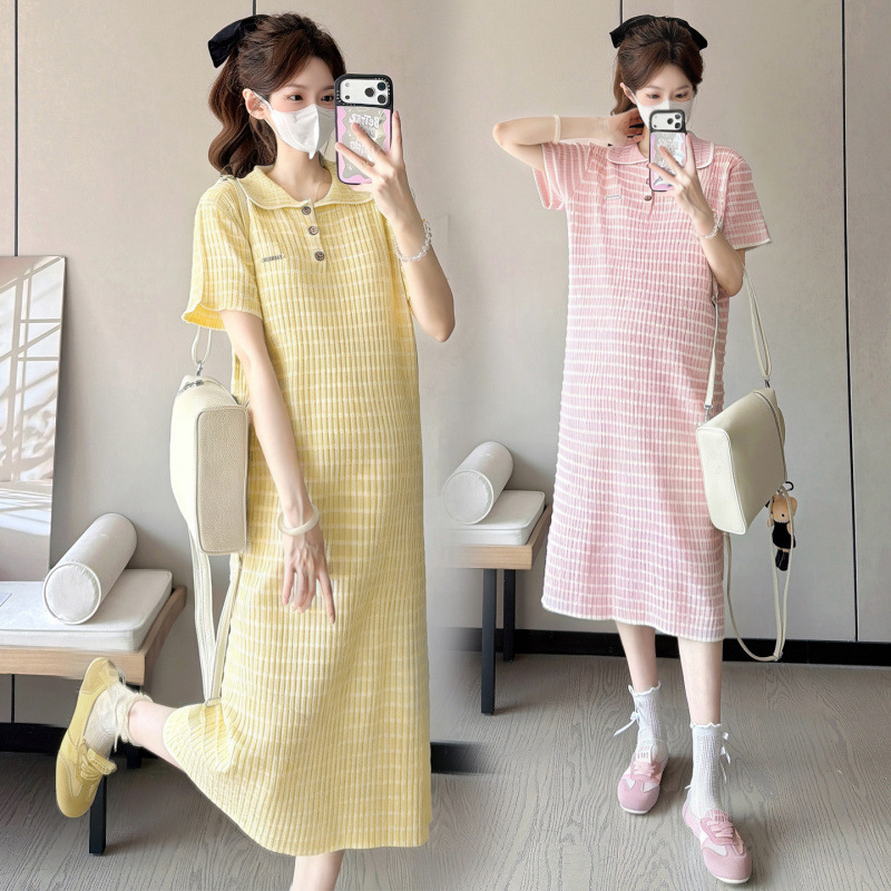 New Style Maternity Wear Summer Short-Sleeved Polo Collar Contrasting Color Rhombus Pattern Slimming Ice Silk Long Maternity Dress New Style Maternity Wear Summer Short-Sleeved Polo Collar Contrasting Color Rhombus Pattern Slimming Ice Silk Long Maternity Dress