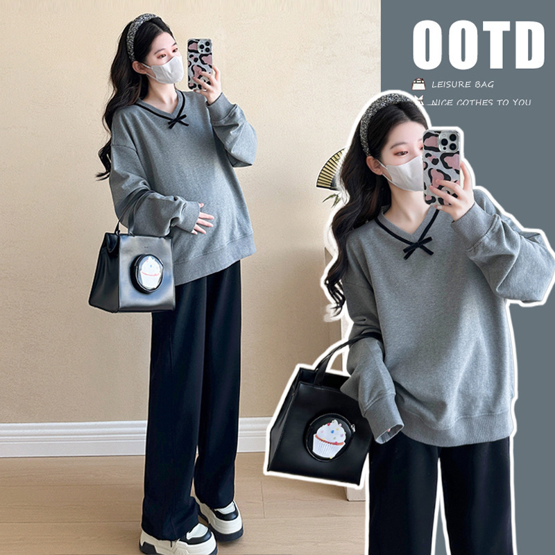 Pregnant Women's suit 2024 Autumn New Korean Simple Loose Casual V-neck Bow Sweatshirt Slim Wide Leg Pants Pregnant Women's suit 2024 Autumn New Korean Simple Loose Casual V-neck Bow Sweatshirt Slim Wide Leg Pants