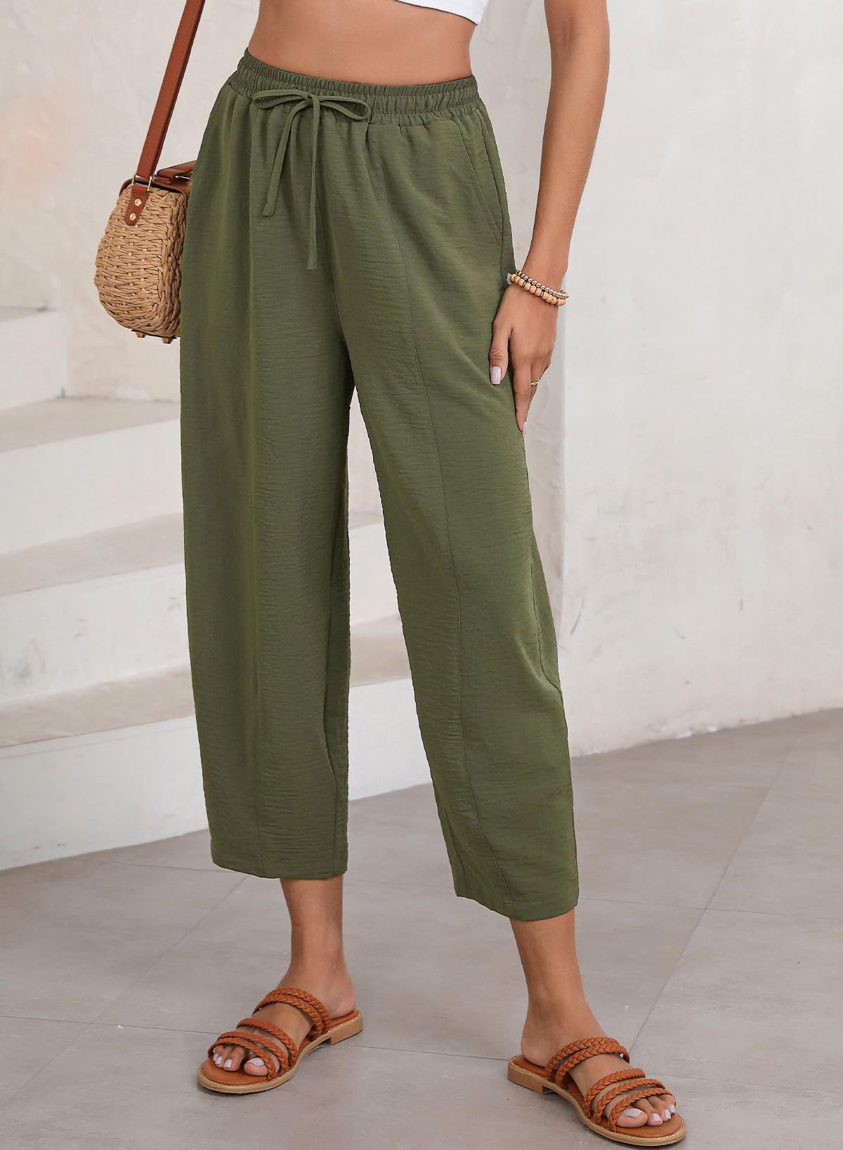 Spring Summer Pleated Women Pants Mid-waist Straight Pants Loose Casual Bloomers Causal Female Trousers Army Green Pants Women_voghion.com