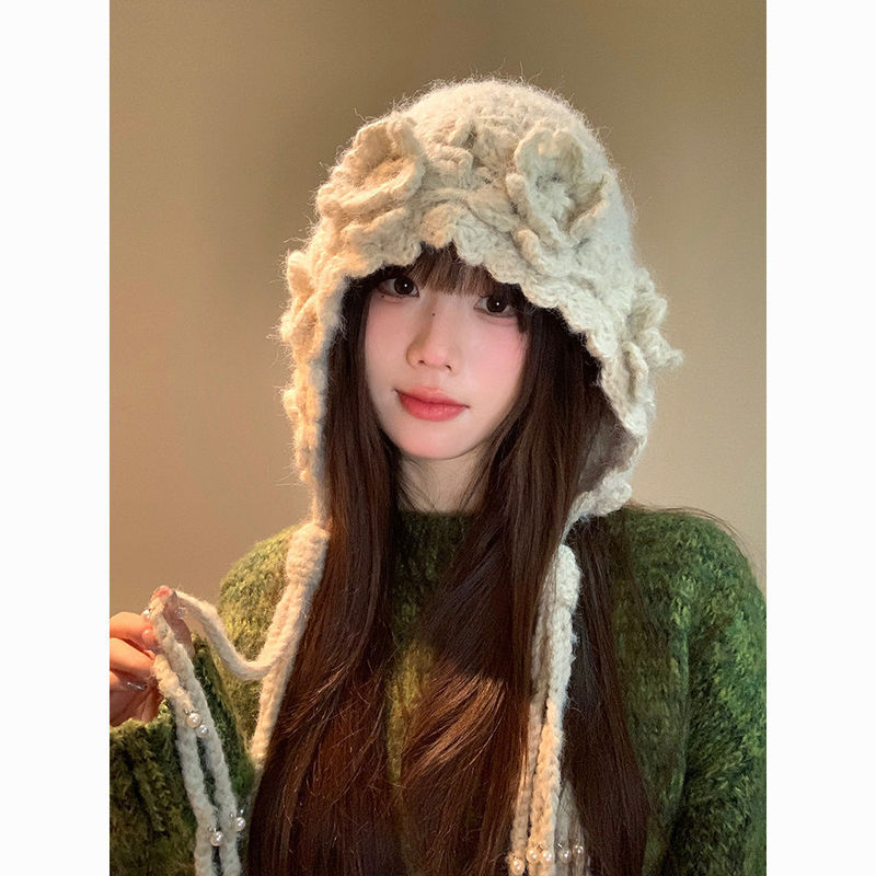 2025新款立体花朵手工针织帽子女秋冬季保暖显脸小流苏护耳毛线帽|undefined