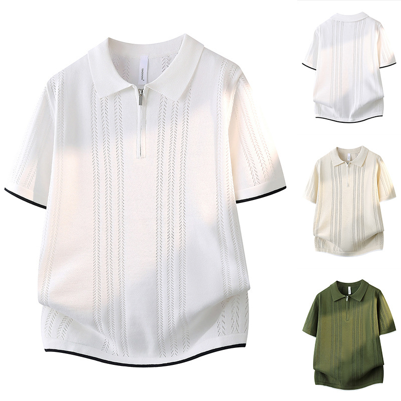 Polo camiseta de punto camiseta de manga corta hombre solapa medio cremallera hueso de pez hueco camiseta de hielo de verano fábrica transfronteriza al por mayor
