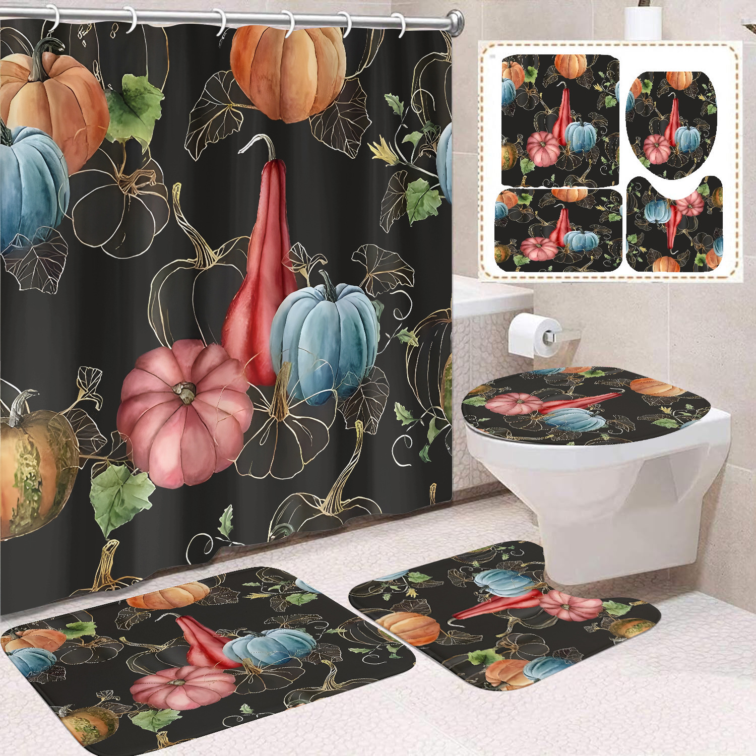 Cortina de ducha de Acción de Gracias, cosecha de otoño, serie de calabaza, cortina de ducha, cortina de baño, cortina de baño impermeable de poliéster, cortina de baño de cuatro piezas image 29