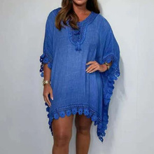 2025欧美跨境新款亚马逊独立站女士蝙蝠袖镂空边休闲假日裙