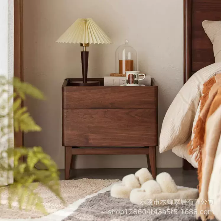 全实木床头柜北欧简约卧室家用储物柜北美黑胡桃木床边柜