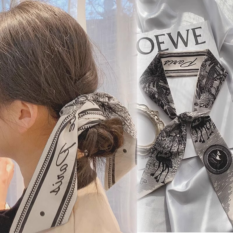 South Korea Dongdaemun Geometric Long Narrow Silk Scarf Vintage French Style Tie Bag Ribbon Heart Printing Hair Band Headwear for Women