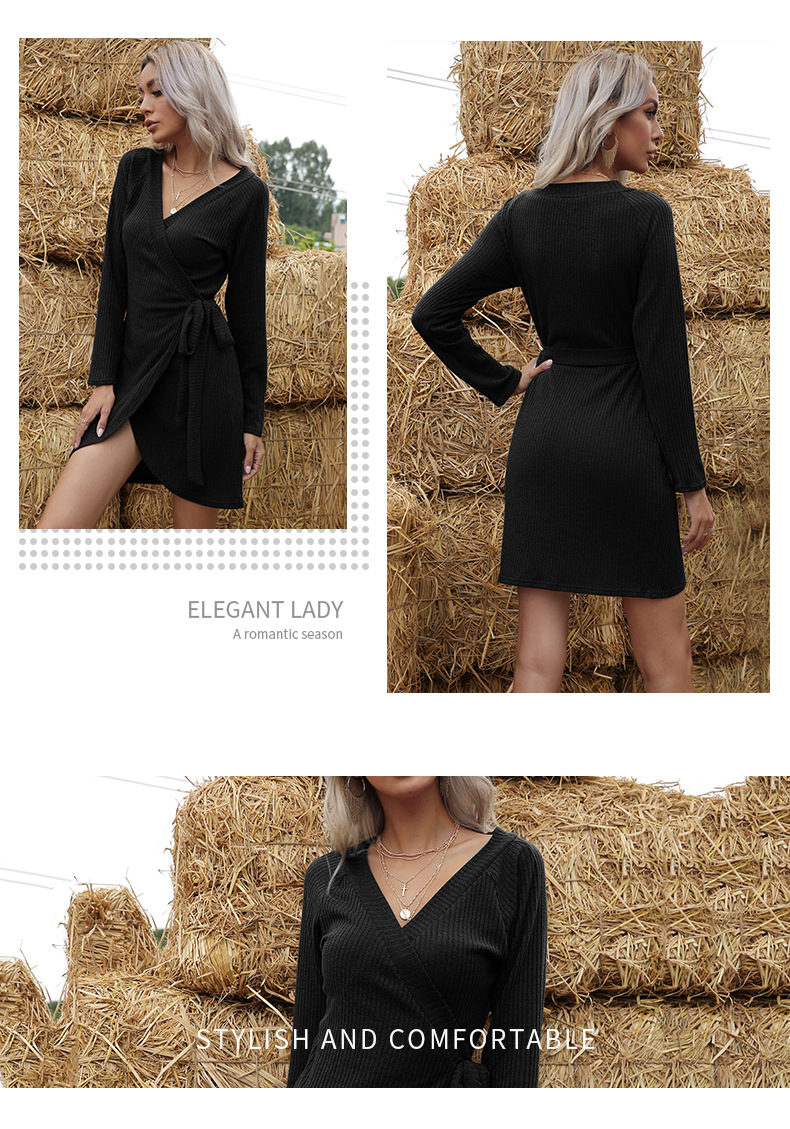 Einfarbiges, langärmliges, einteiliges Pulloverkleid mit V-Ausschnitt_voghion.com