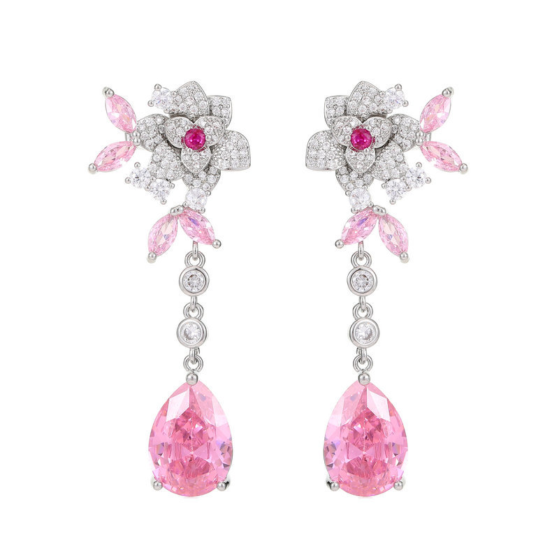 Sterling Silver Needle Affordable Luxury Style Flower Zircon Camellia Long Tassel Water Drop Earrings