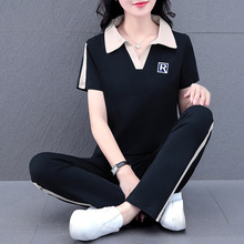 纯棉弹力中年妈妈时尚休闲运动套装女夏季V领撞色拼接洋气两件套