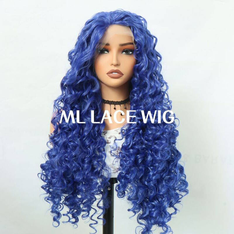 Chemical Fiber Front Lace Headgear Sapphire Blue Natural Small Curly Hair Natural Hairline High Temperature Silk Wig for Women in Stock
