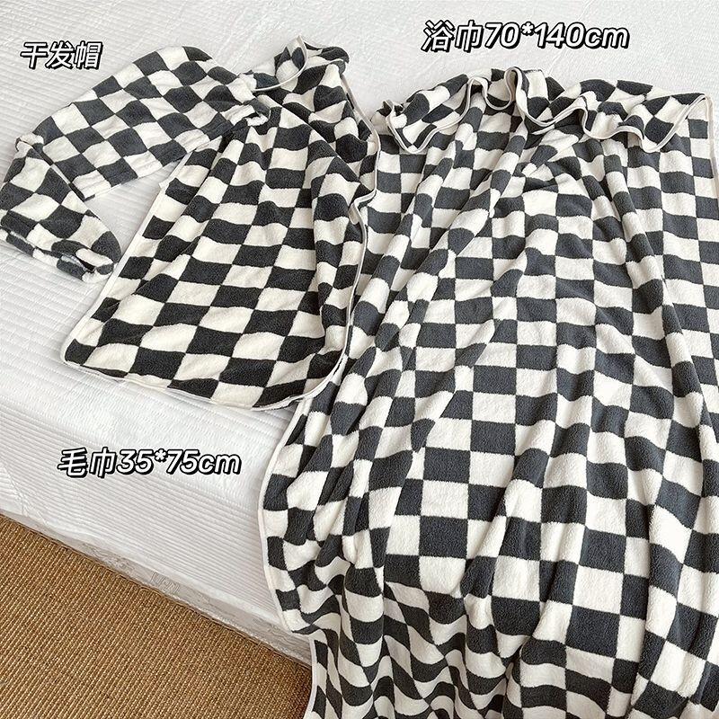 Cute Milk Velvet Student Towel Bath Dry Hair Cap Women's Cartoon Checkerboard Coral Velvet Household Children's Bath Towel