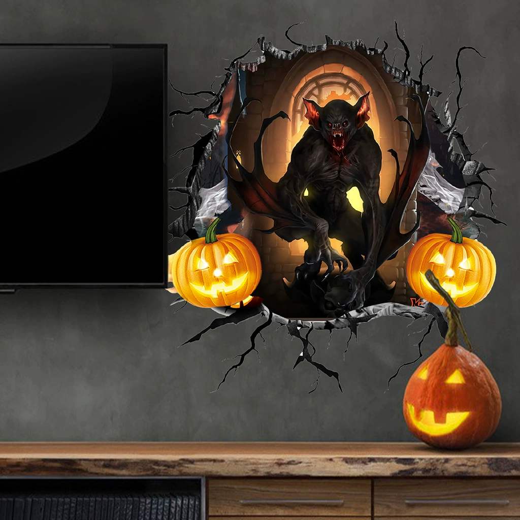 [居杉万圣节破窗魔鬼宇宙地贴 3D磨砂Halloween派对装饰供应批发]