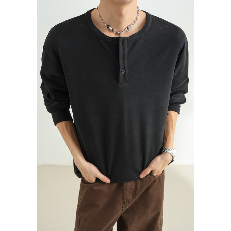 Solid Color American Style Henley Collar Sweatshirt For Men, Autumn Waffle Long Sleeve T-Shirt, High-End Cool Inner_voghion.com
