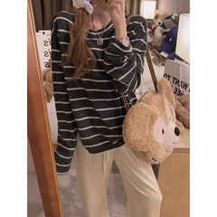 韩系慵懒灰蓝条纹磨毛长袖T恤女秋冬圆领宽松显瘦软糯打底衫上衣
