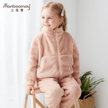 秋冬儿童家居服加厚抱抱绒保暖儿童睡衣长袖男童女童拉链新年红色